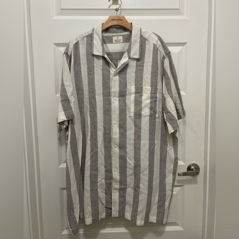 Men's Linen Blend Striped Button-Down Shirt Short Sleeves Cabana Relaxed